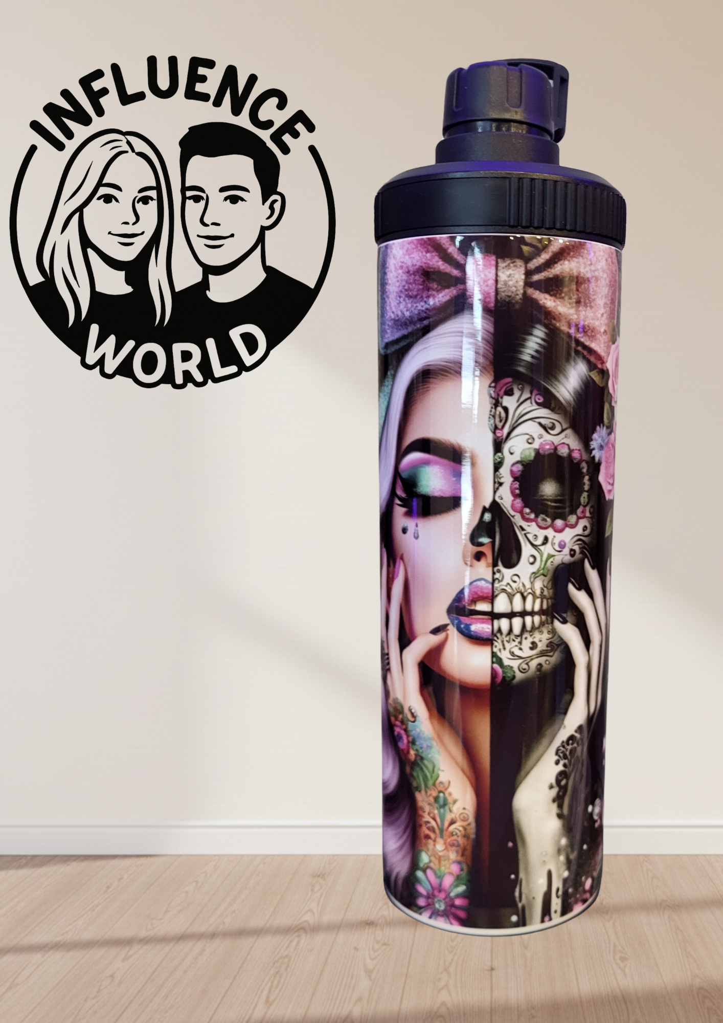 20 OZ sublimierter Tumbler mit Schraubverschluss  Alubecher für Warm und Kaltgetränke Motiv Halb Beaty Halb La Catrina