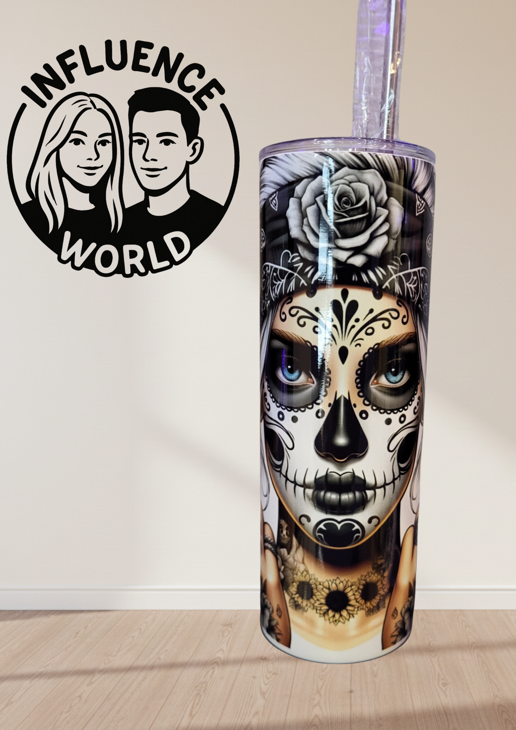 20 OZ sublimierter Tumbler Alubecher für Warm und Kaltgetränke Motiv La Catrina Rockstar mit Fingern