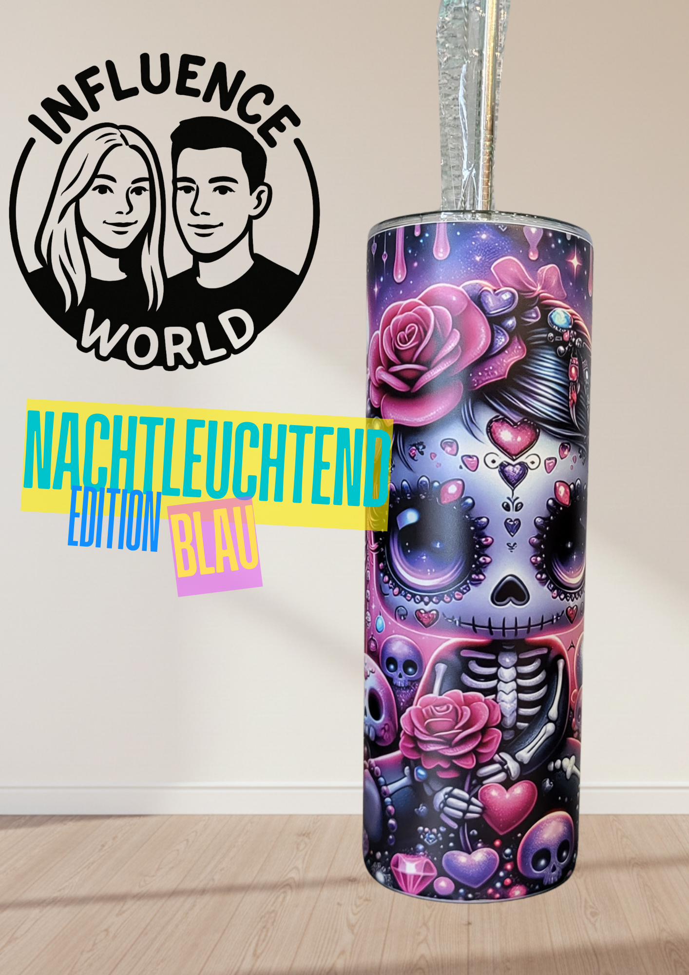 20 OZ Nachtleuchtender sublimierter Tumbler Alubecher für Warm und Kaltgetränke Motiv La Catrina