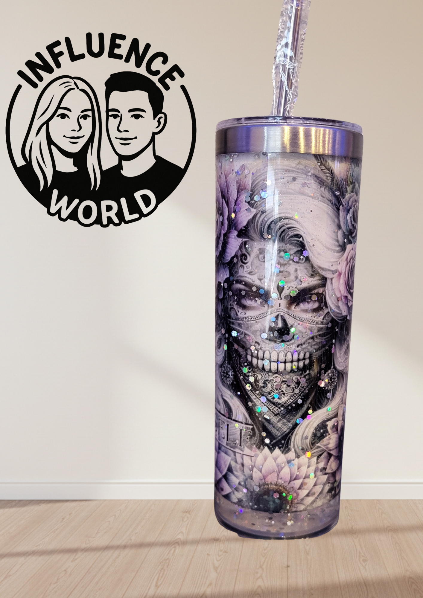 20 OZ sublimierter Tumbler Alubecher mit Glitzer für Warm und Kaltgetränke Motiv Gothic Floral Design Floral Grunge Schädel
