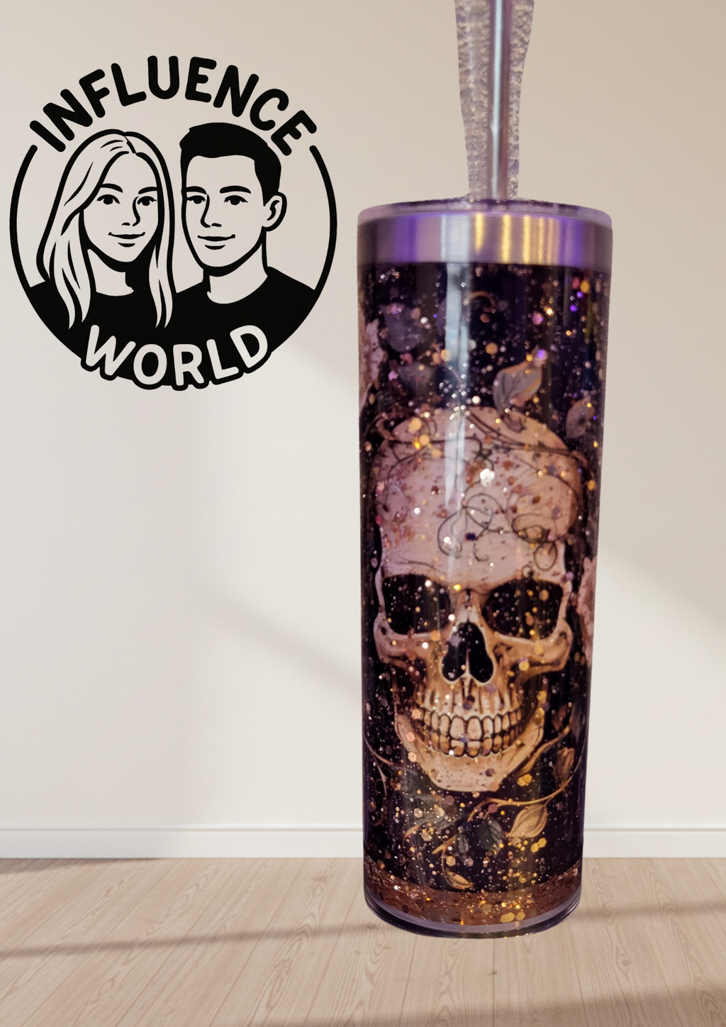20 OZ sublimierter Tumbler Alubecher mit Glitzer für Warm und Kaltgetränke Motiv Rose Gold Blumen Schädel