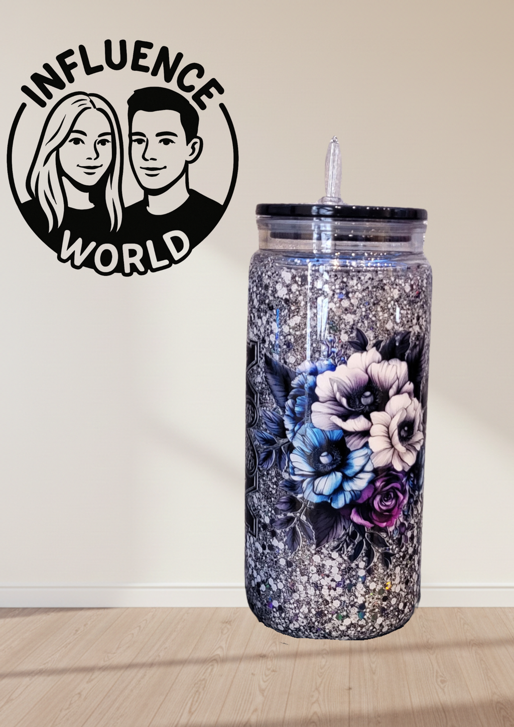 Floral Silver Sparkle Becher – Handgefertigter 20 oz Schüttelbecher mit Blumen-Design