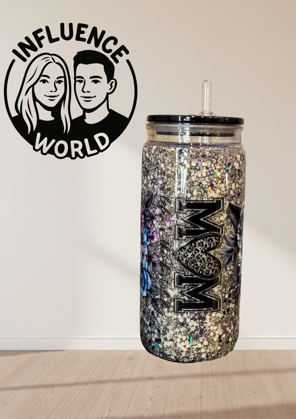 Floral Silver Sparkle Becher – Handgefertigter 20 oz Schüttelbecher mit Blumen-Design