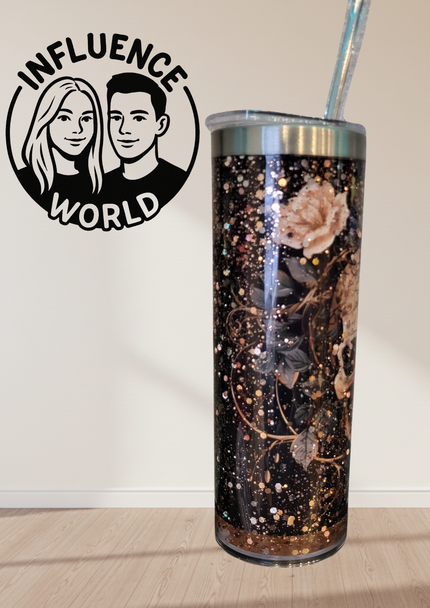 20 OZ sublimierter Tumbler Alubecher mit Glitzer für Warm und Kaltgetränke Motiv Rose Gold Blumen Schädel
