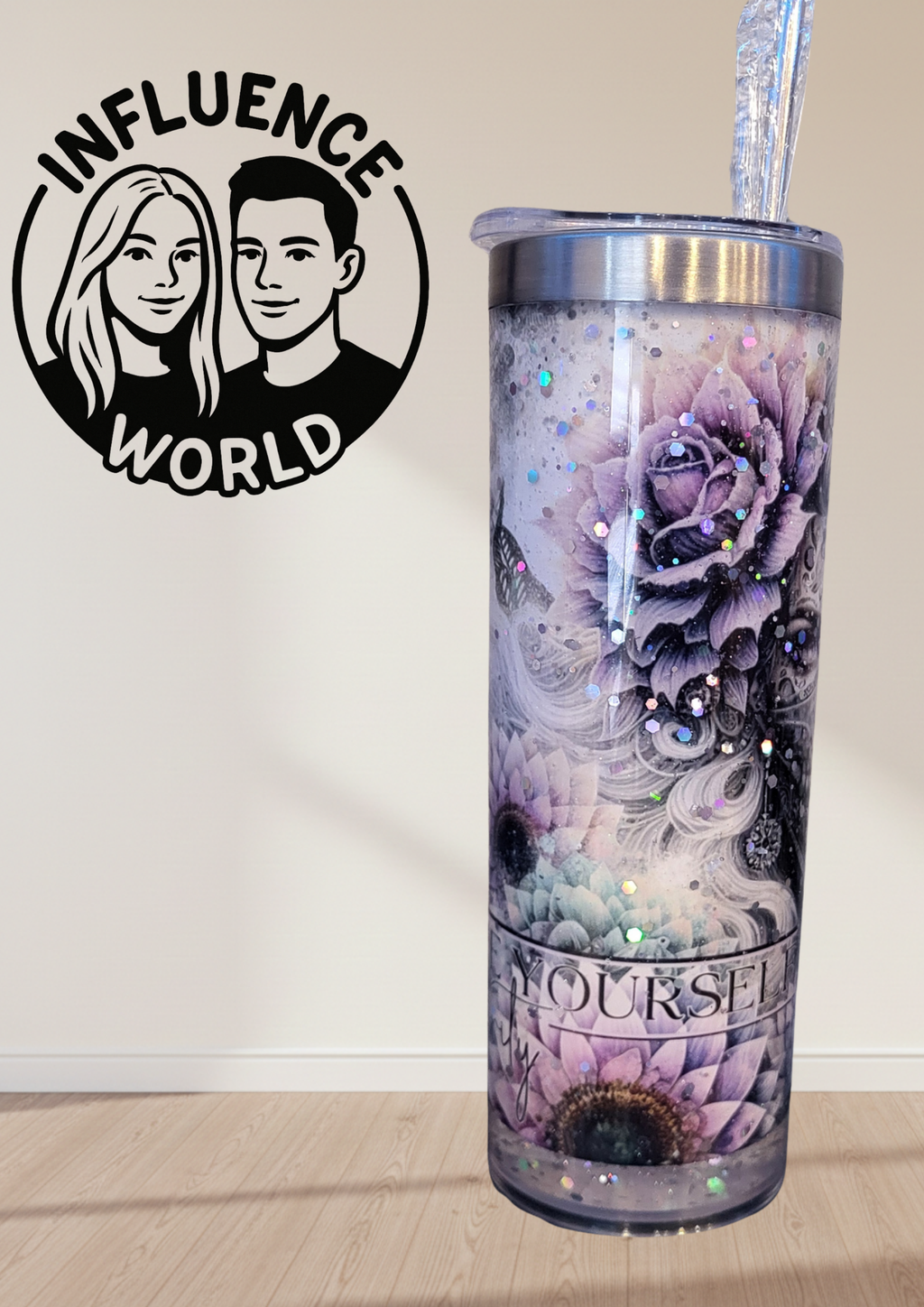 20 OZ sublimierter Tumbler Alubecher mit Glitzer für Warm und Kaltgetränke Motiv Gothic Floral Design Floral Grunge Schädel