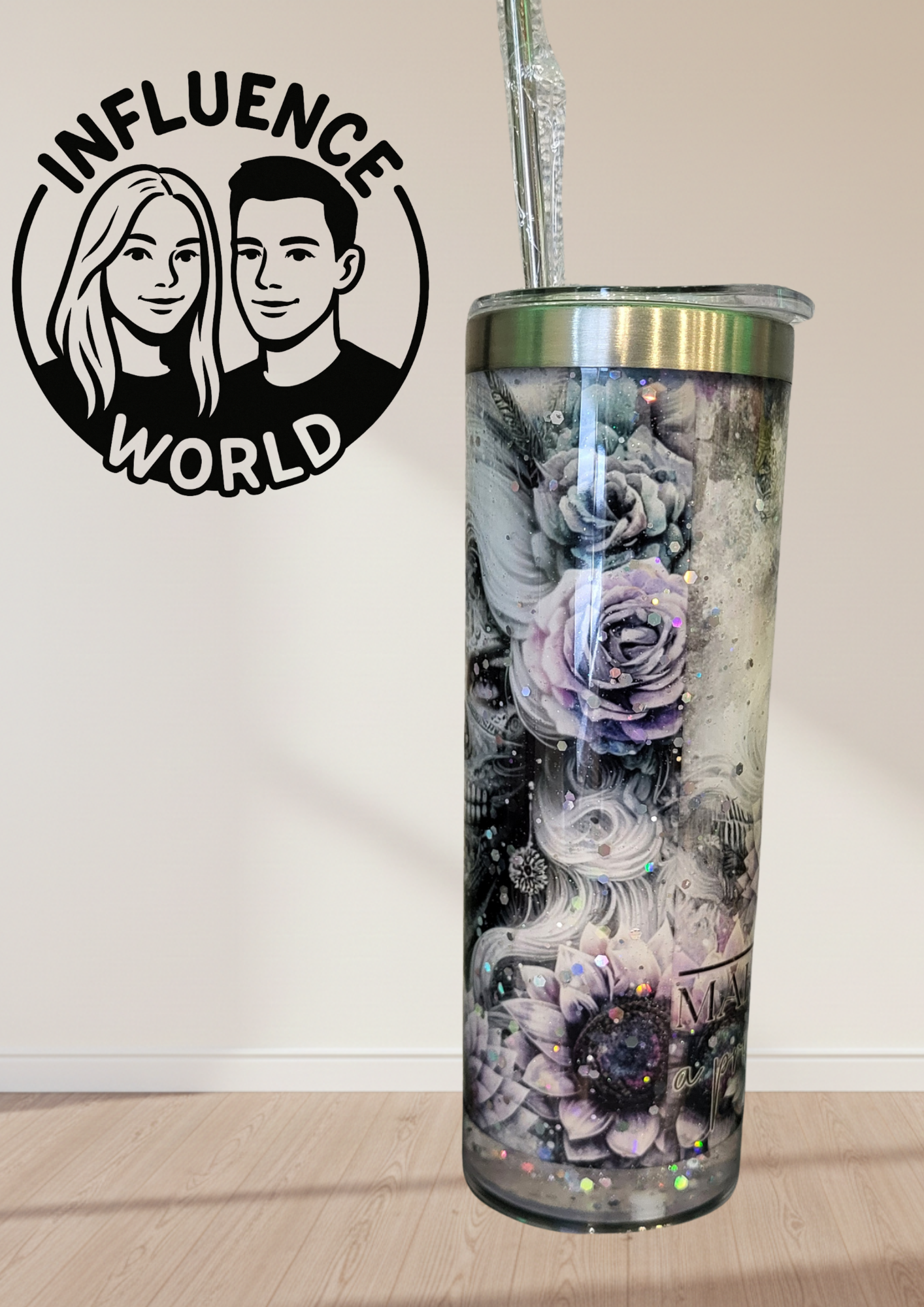 20 OZ sublimierter Tumbler Alubecher mit Glitzer für Warm und Kaltgetränke Motiv Gothic Floral Design Floral Grunge Schädel
