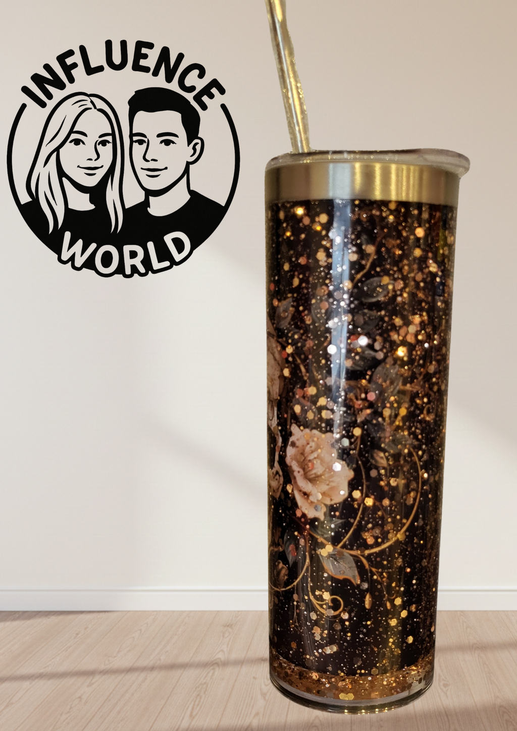 20 OZ sublimierter Tumbler Alubecher mit Glitzer für Warm und Kaltgetränke Motiv Rose Gold Blumen Schädel