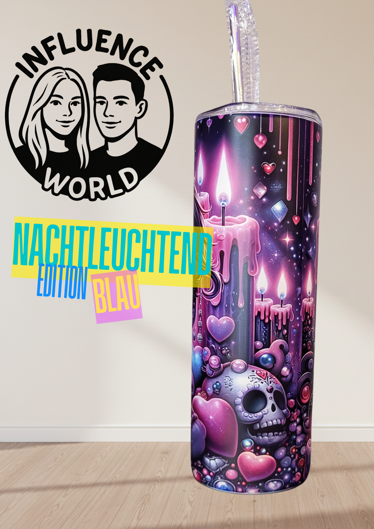 20 OZ Nachtleuchtender sublimierter Tumbler Alubecher für Warm und Kaltgetränke Motiv La Catrina