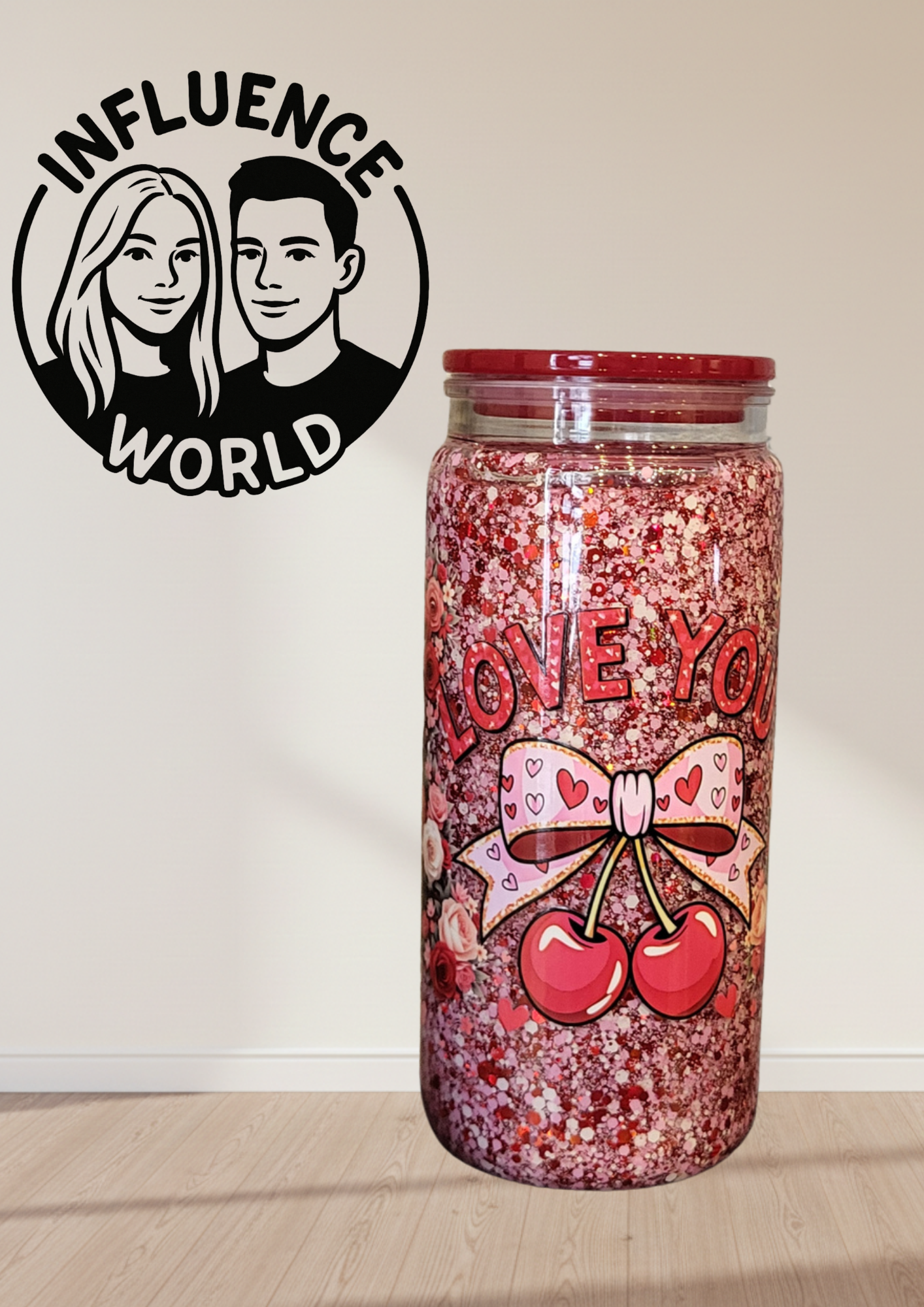 Sweet Rose Teddy – 20 oz Snowglobe Tumbler mit Herz-Bär & Kirsch-Motiv