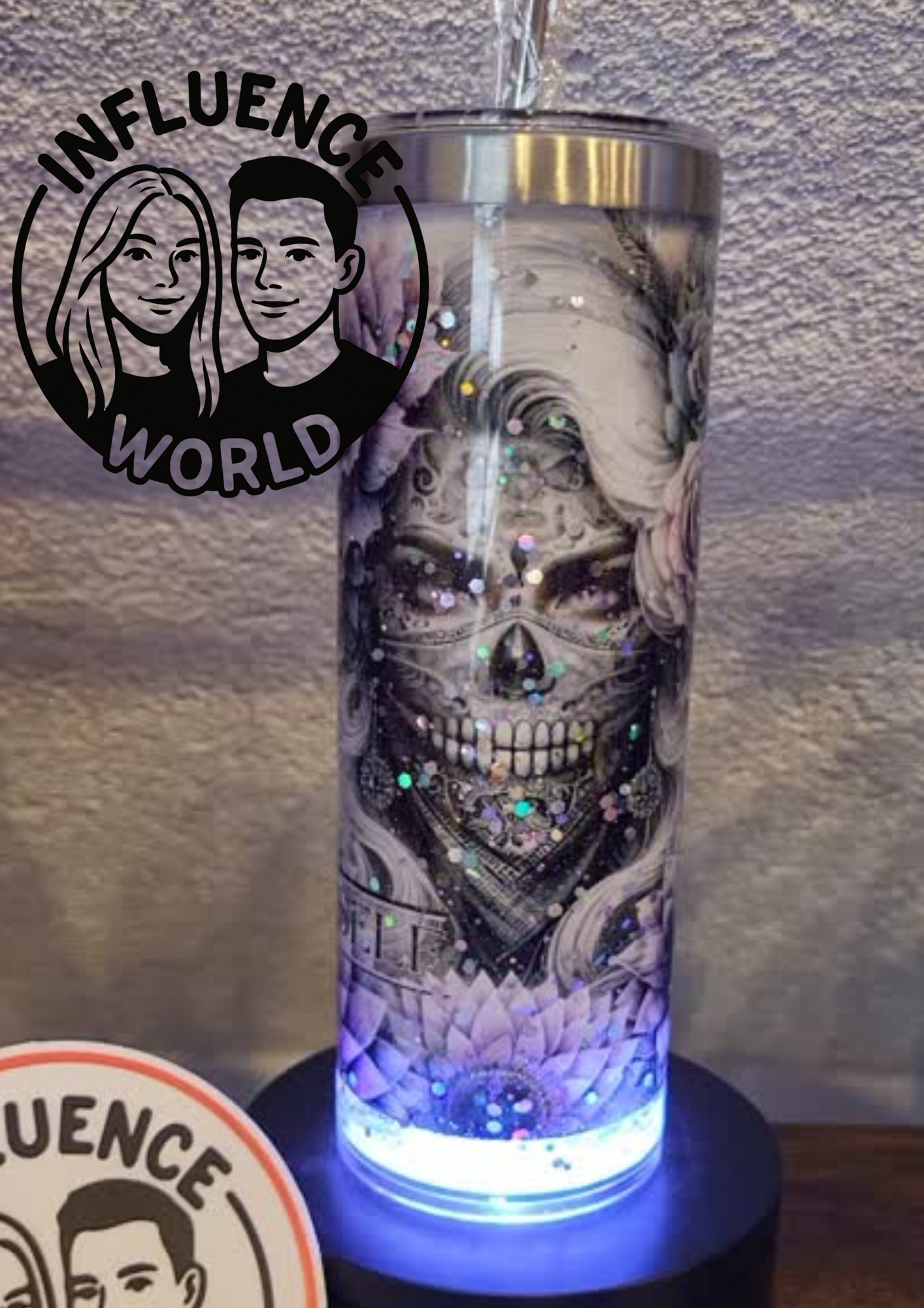 20 OZ sublimierter Tumbler Alubecher mit Glitzer für Warm und Kaltgetränke Motiv Gothic Floral Design Floral Grunge Schädel