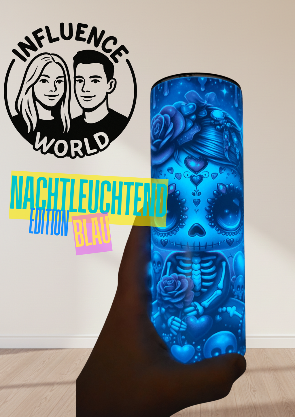 20 OZ Nachtleuchtender sublimierter Tumbler Alubecher für Warm und Kaltgetränke Motiv La Catrina