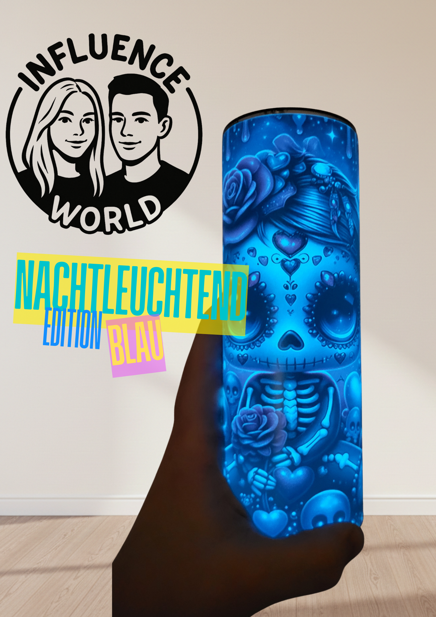 20 OZ Nachtleuchtender sublimierter Tumbler Alubecher für Warm und Kaltgetränke Motiv La Catrina