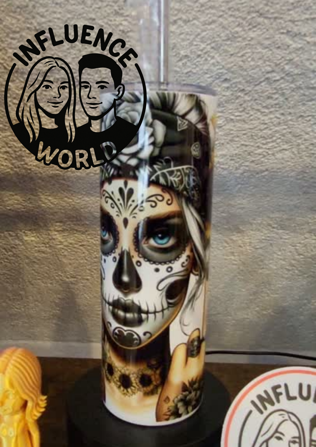 20 OZ sublimierter Tumbler Alubecher für Warm und Kaltgetränke Motiv La Catrina Rockstar mit Fingern